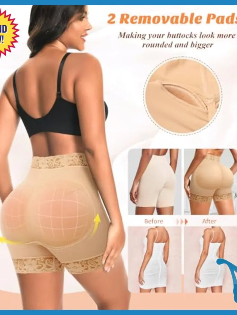 Butt Lifting Shapewear Shorts with Removable Pads Tummy Control 3X-Large